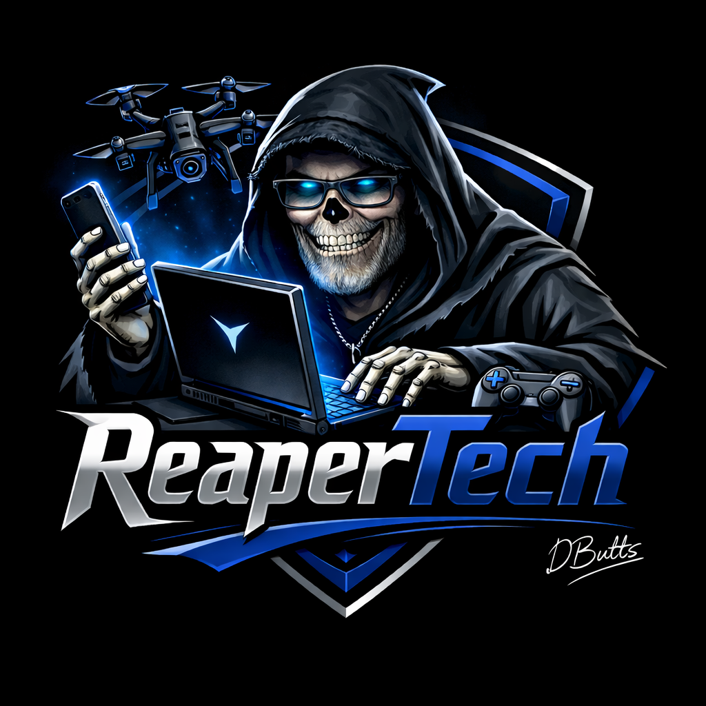 ReaperTech logo: a hooded technologist with laptop, phone, drone, and game controller
